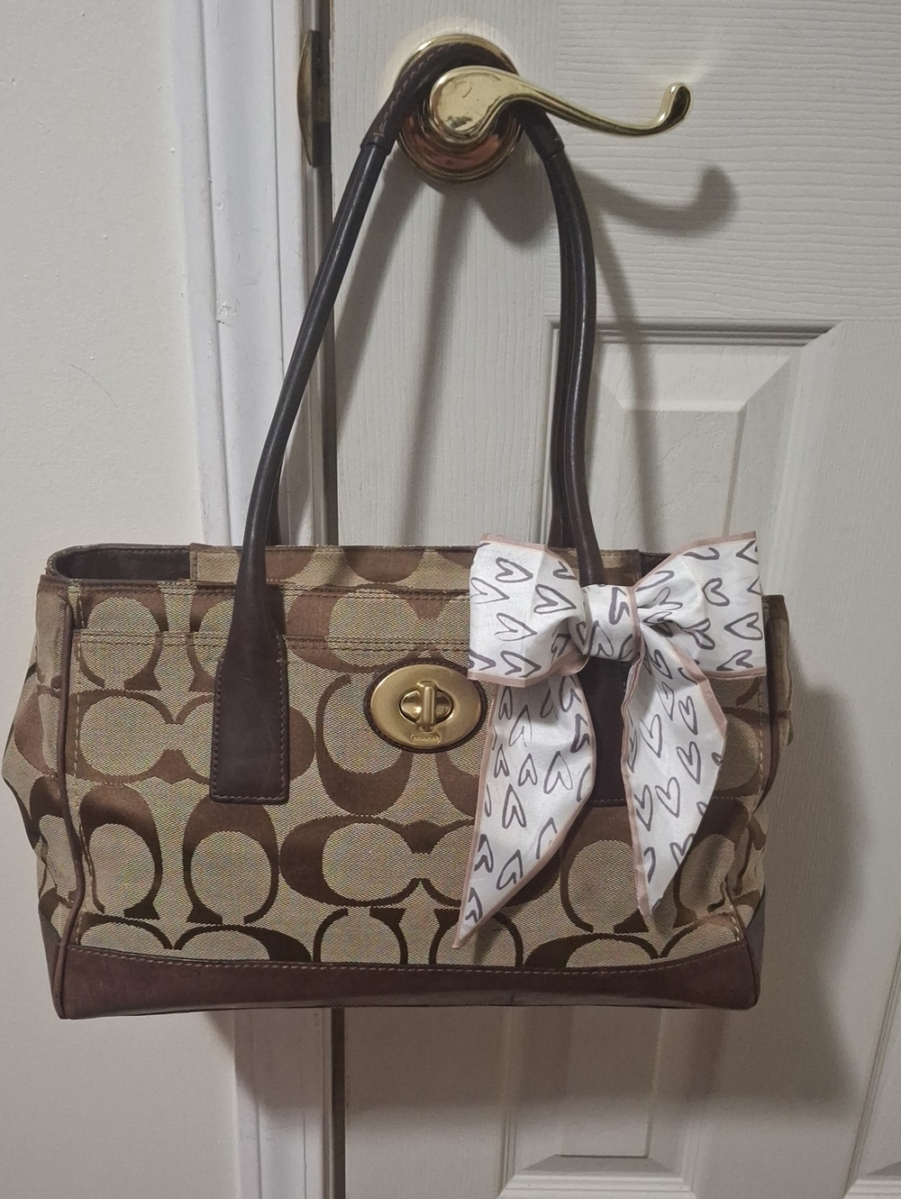 Coach Madeline Classic Signature Shoulder Bag in Tan Canvas and Leather with Bow